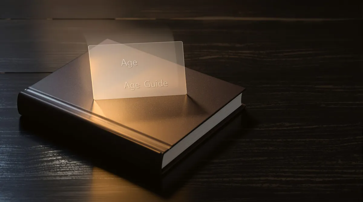 A book on a dark surface with warm overhead lighting and a translucent guide label, representing an age and content guide for The Emotion Collector: Awakening.
