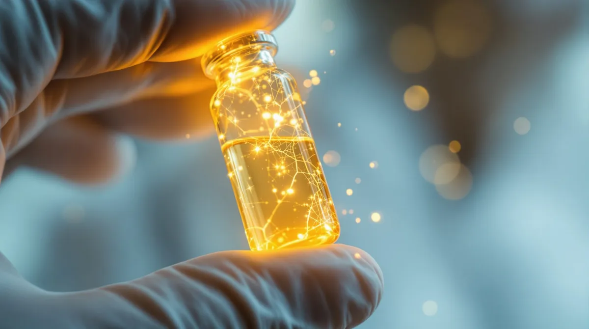 A clinical gloved hand holds a glowing glass vial of harvested emotion against a cold white background, light leaking from a crack at its base.