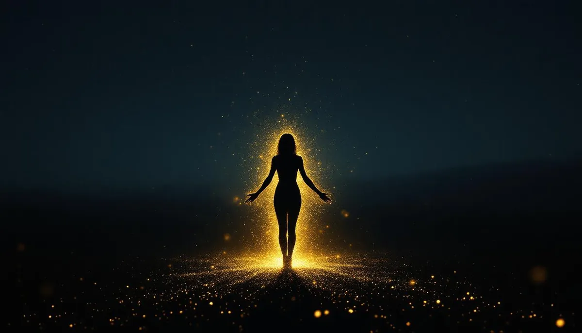 A silhouette dissolving into golden light particles spreading across a dark landscape, representing Emma's transformation in The Emotion Collector: Awakening ending.