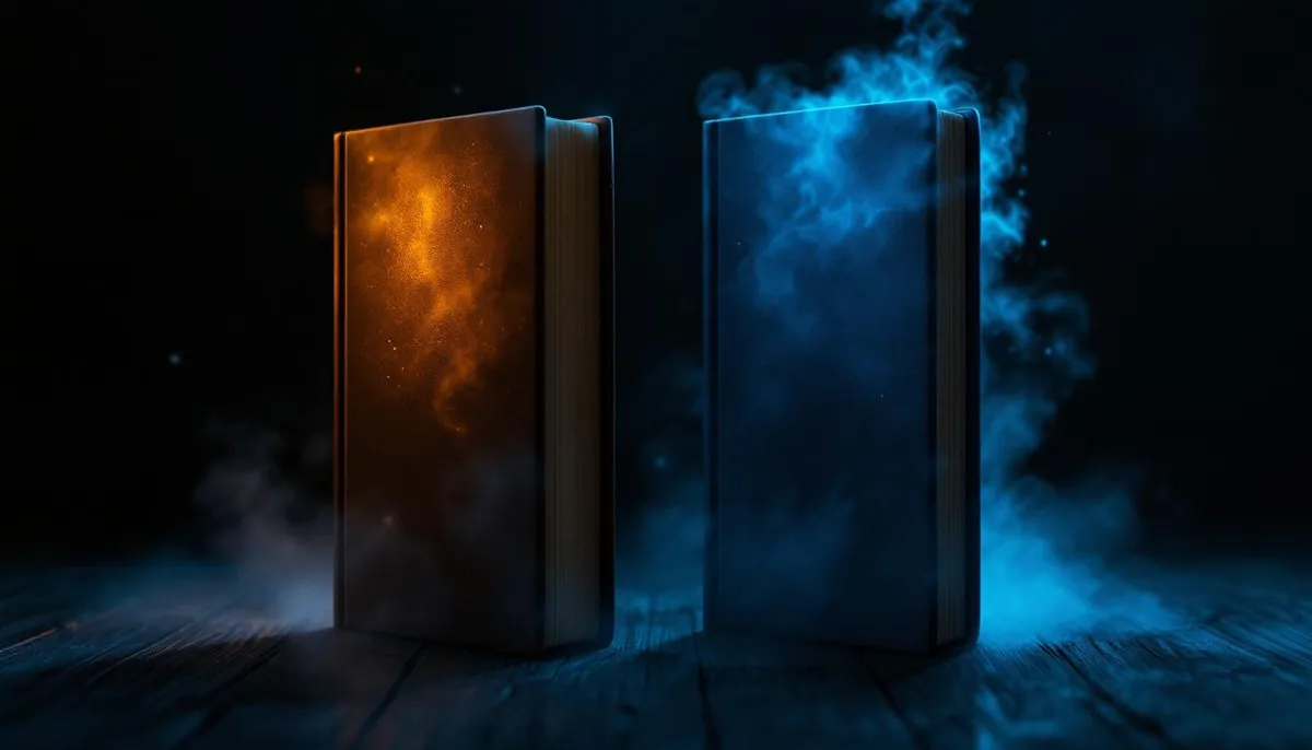 Two books on a dark surface with the first fully lit and the second emerging from shadow, representing The Emotion Collector: Awakening series and upcoming sequel.