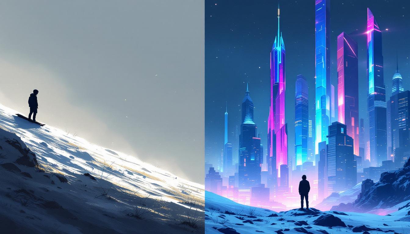 Is The Emotion Collector like The Giver? Split illustration contrasting a lone figure on a snowy hillside with a figure standing before a futuristic city of glowing crystalline towers, visualizing the worlds of The Giver and The Emotion Collector.