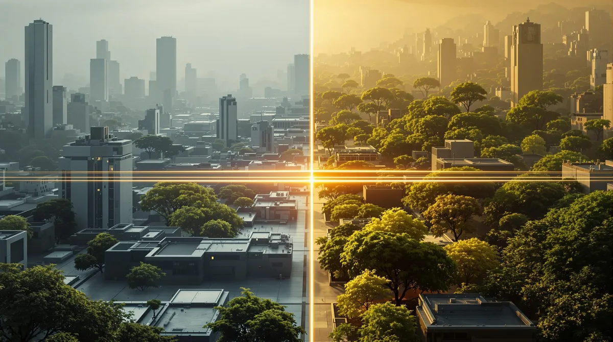 Split landscape showing a gray suppressed city transforming into a vibrant living world connected by a golden thread, representing themes in The Emotion Collector: Awakening