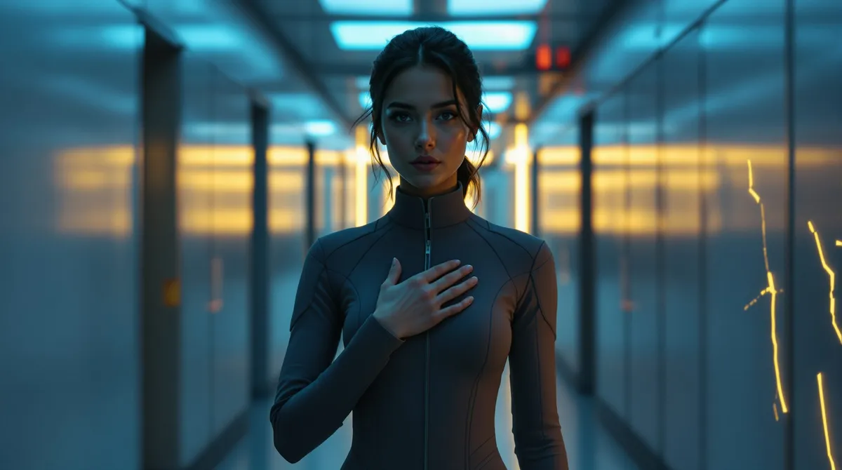 A woman in a gray uniform stands in a blue-lit dystopian corridor with golden light breaking through cracks in the walls, representing emotional awakening in The Emotion Collector: Awakening.