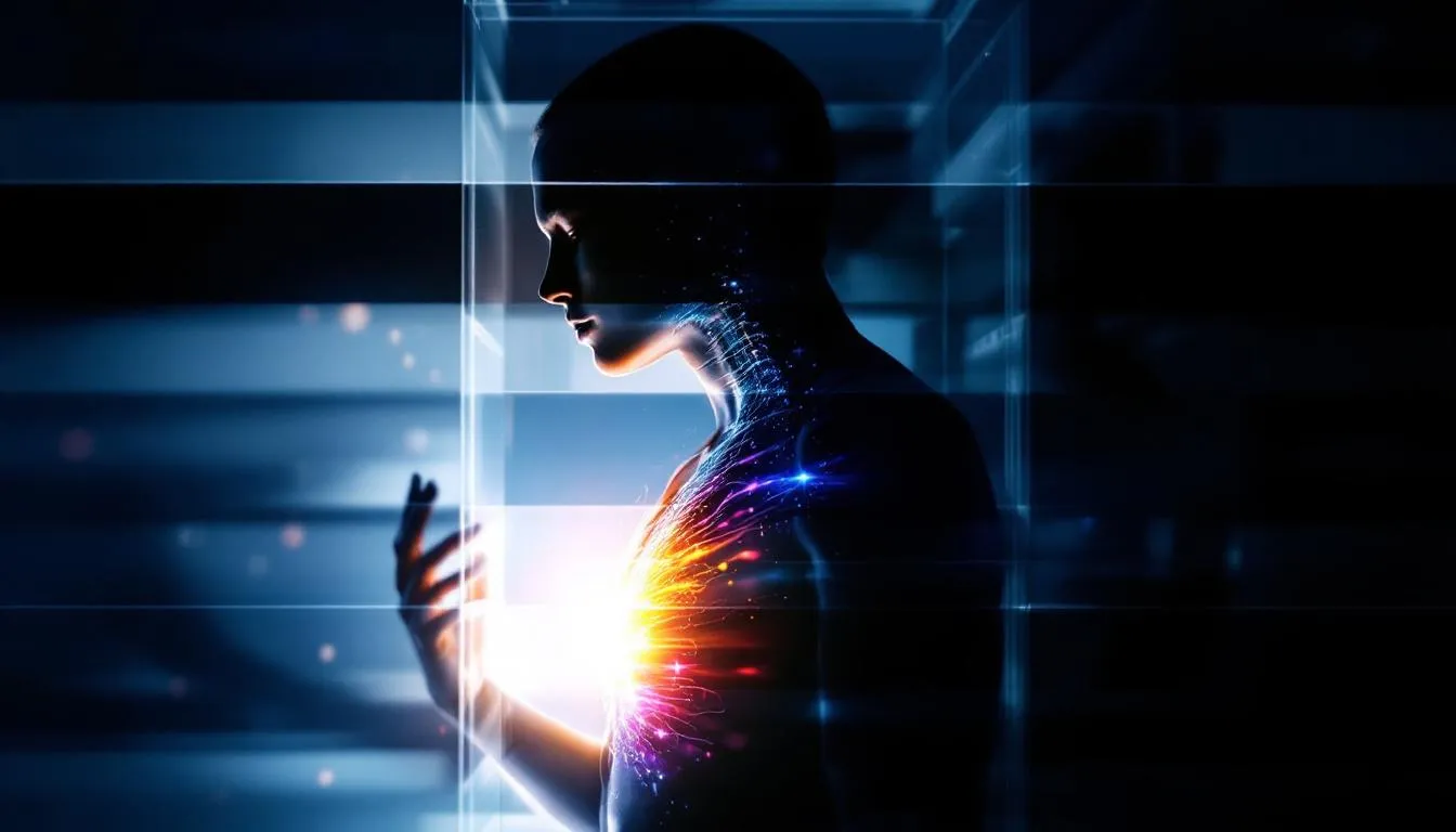 A silhouette with warm light trapped behind dark barriers in the chest, representing emotional suppression in The Emotion Collector Awakening.