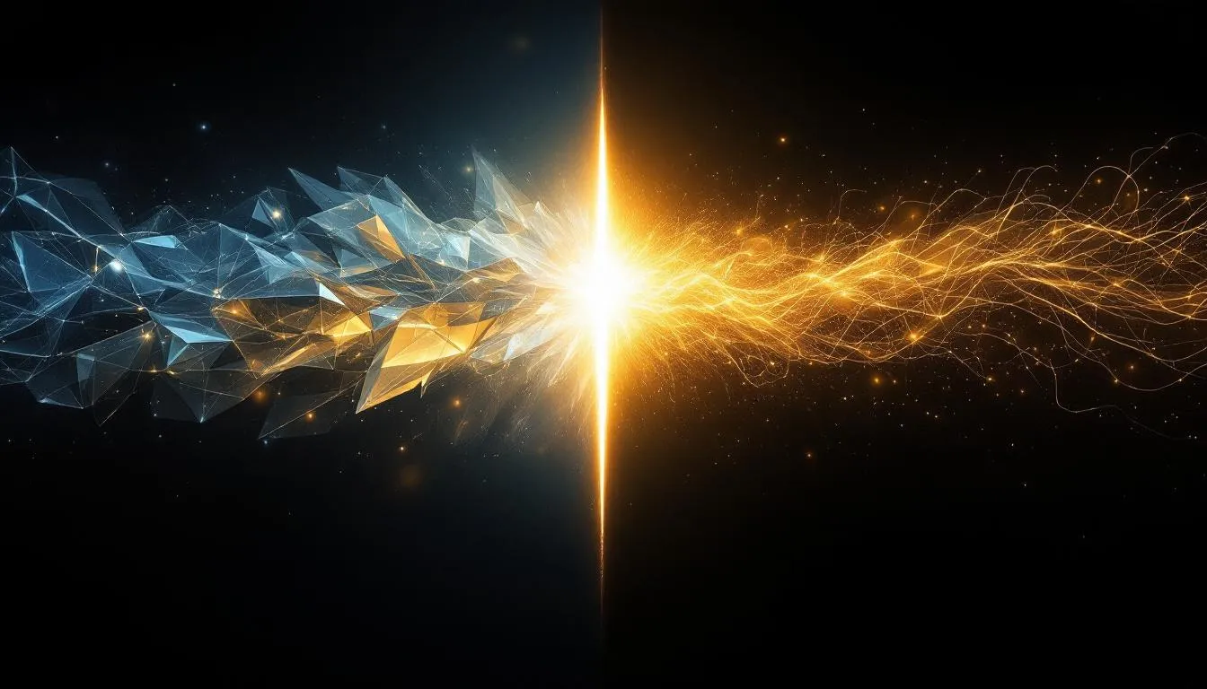 A split image with cold blue crystal on the left and warm golden light on the right, representing fear versus love in The Emotion Collector Awakening