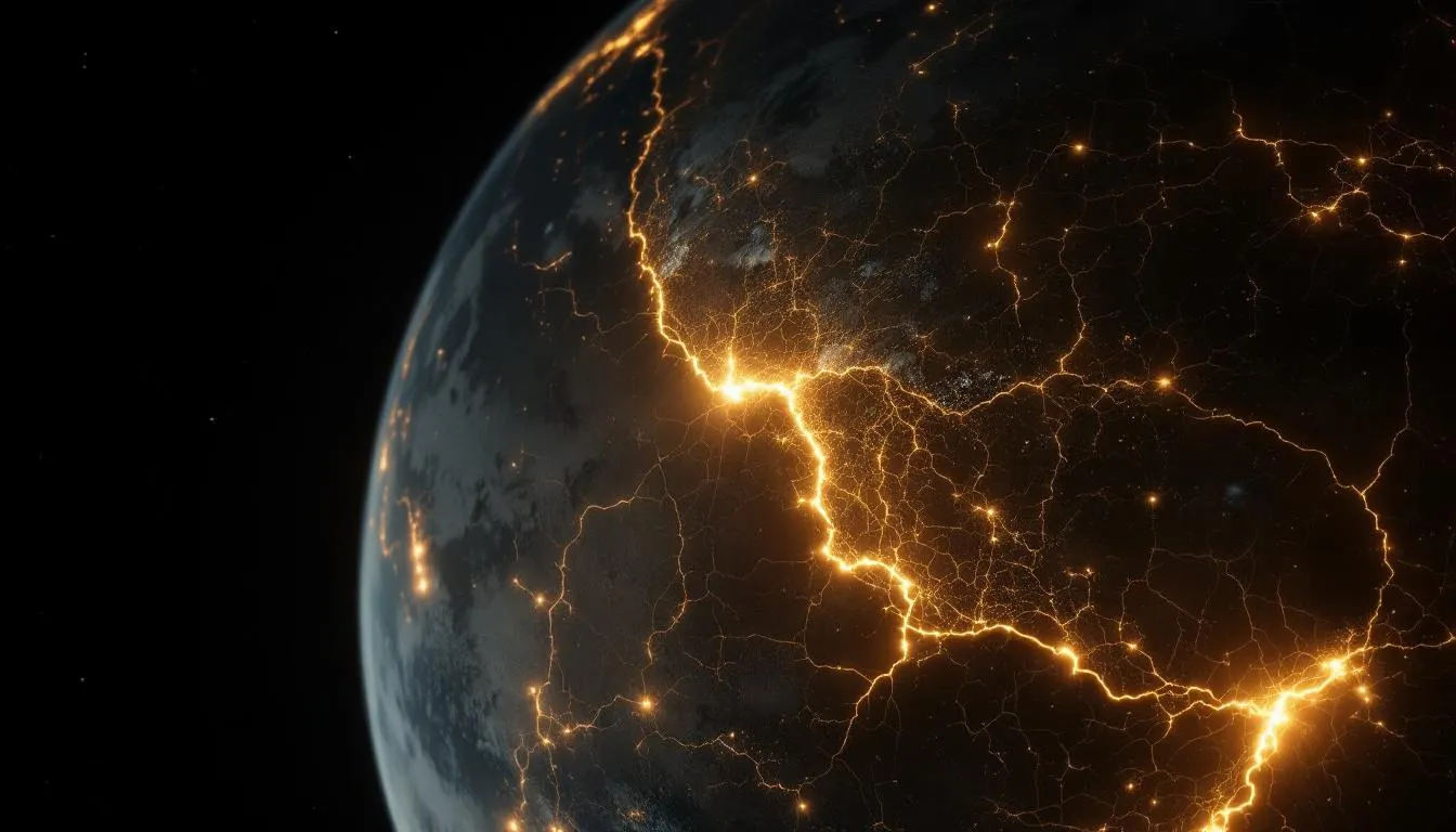 Earth from orbit with one hemisphere fading gray and the other glowing with golden light veins, representing planetary consciousness in The Emotion Collector Awakening