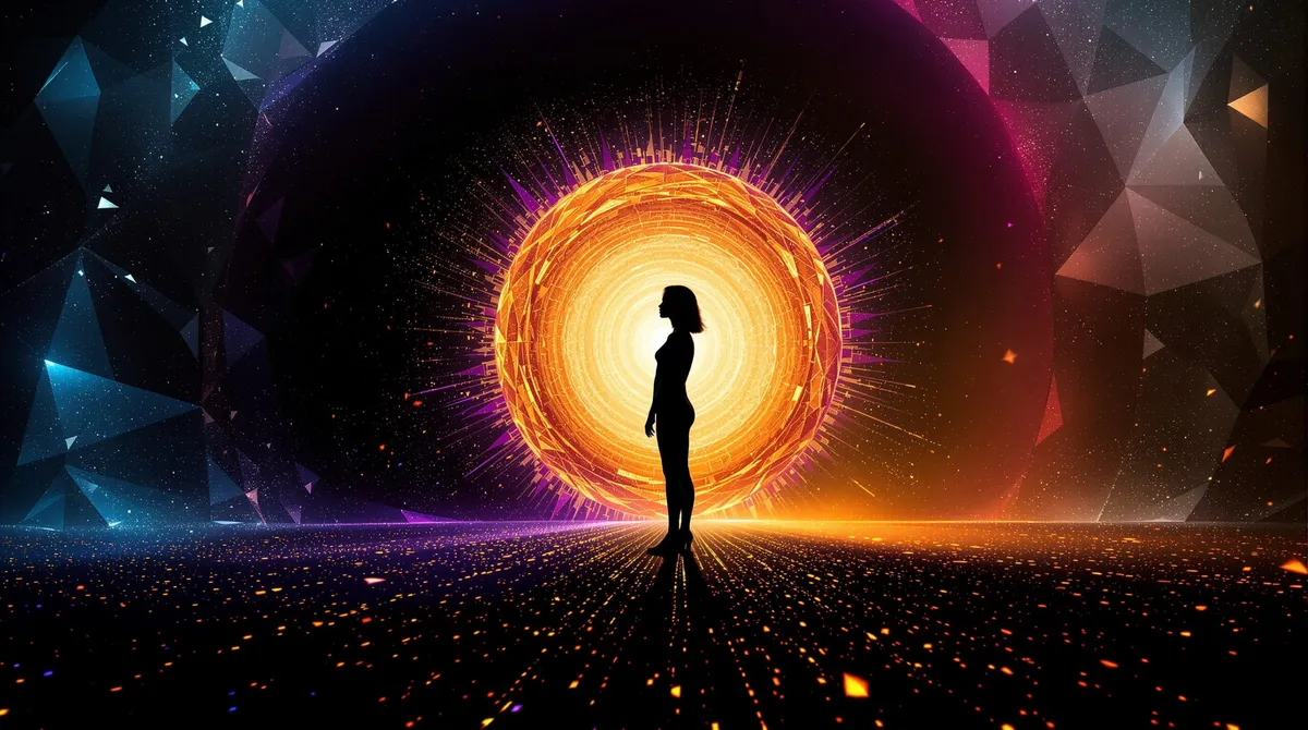 A female silhouette stands in profile against a blazing amber-gold energy sphere ringed with circuit-like detail, cold blue geometric crystal fragments flanking the darkness on either side, a field of glowing particles scattered at her feet.