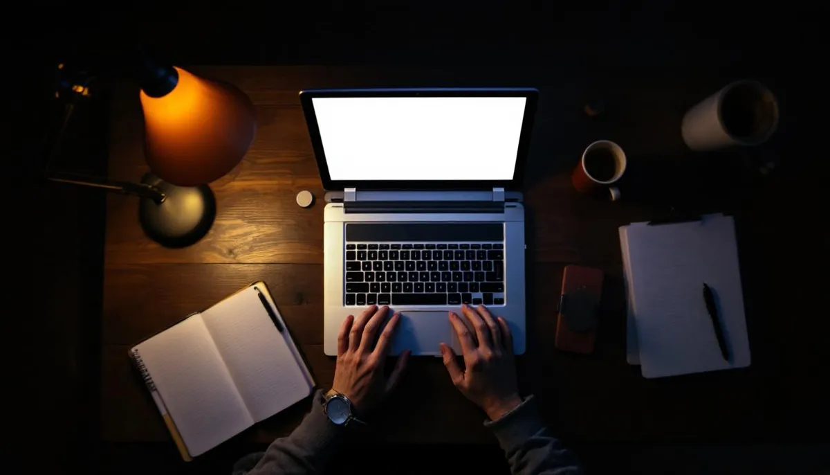 Overhead shot of a dark wood writer's desk with an open laptop